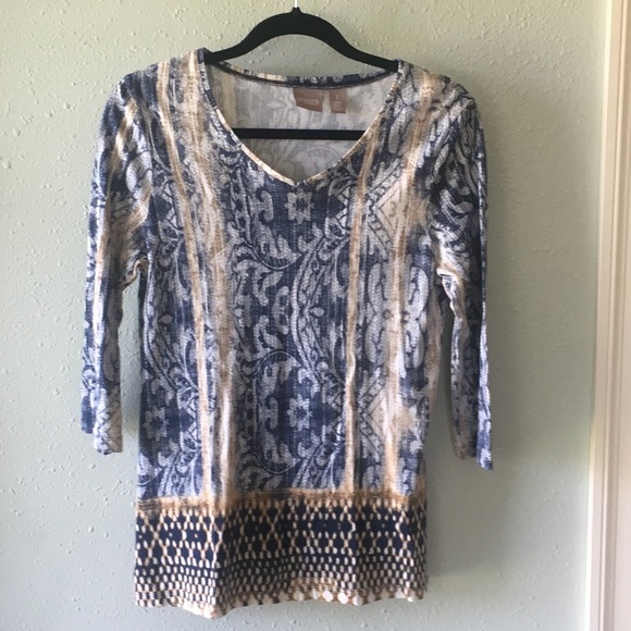 Chico's Tops - Chico’s Blue & Tan Pattern 3/4 Sleeve Top